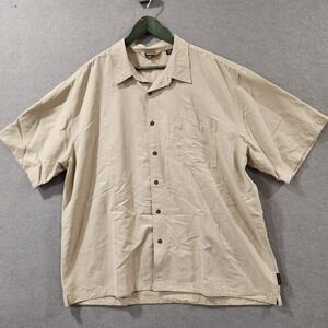 Royal Robbins Button Up Shirt Mens XXL Short Sleeve Microcheck Beige Gray